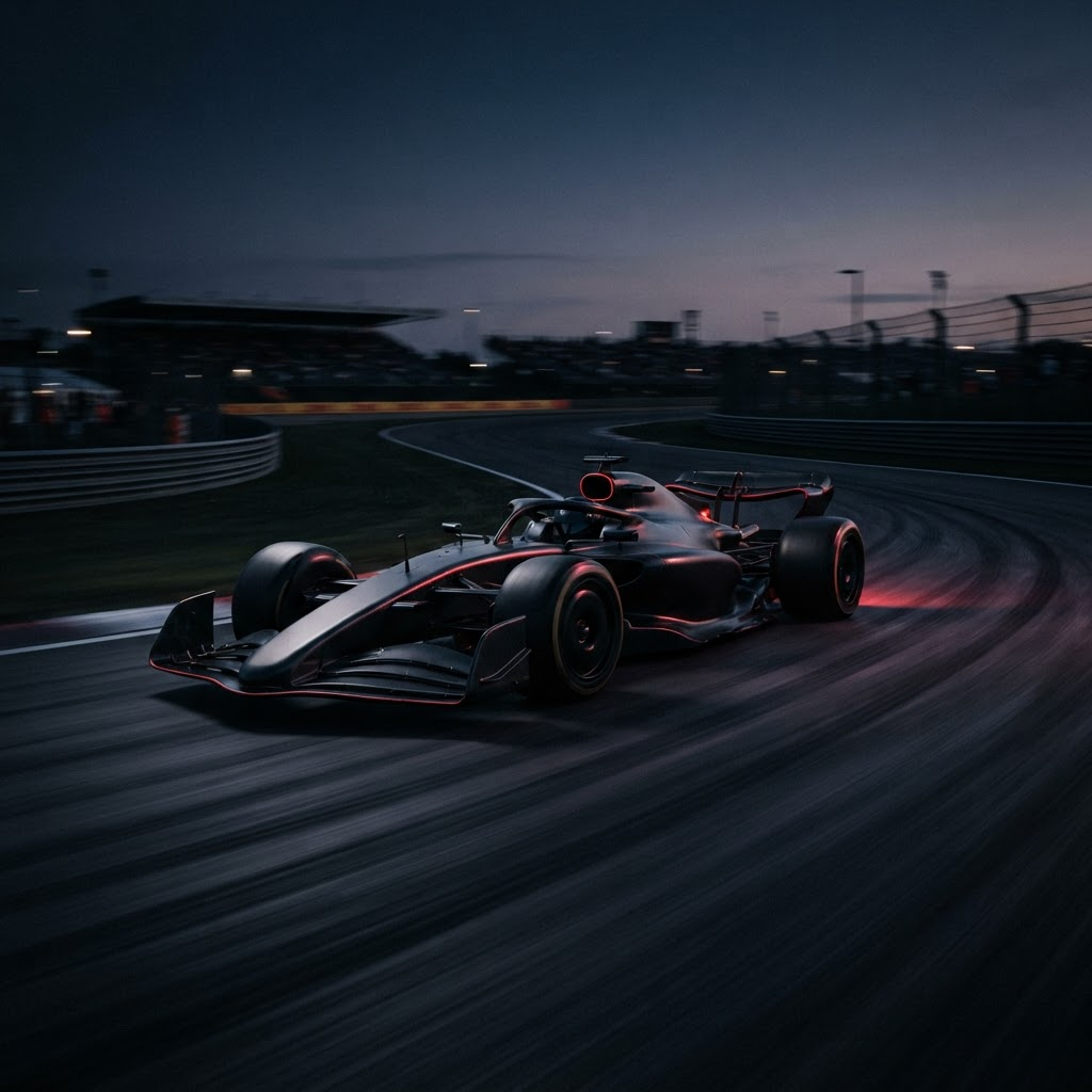 Race car speeding on a dark track at dusk